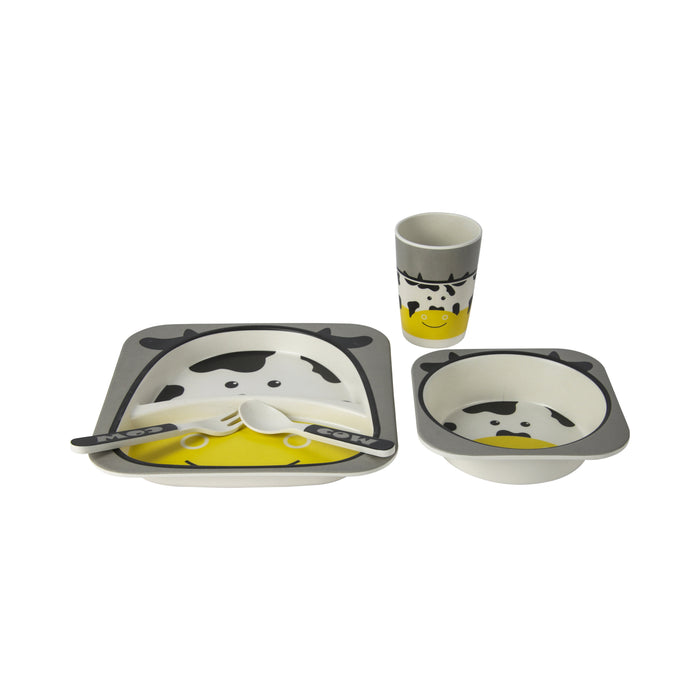 Bamboe kinderservies set 5 delig – Kinderbord – Magnetron bestendig - Eetset – Baby drinkbeker - BPA vrij – Koe