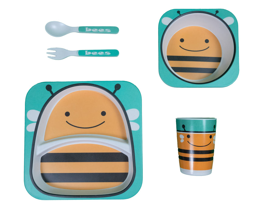 Bamboe kinderservies set 5 delig – Kinderbord – Magnetron bestendig - Eetset – Baby drinkbeker - BPA vrij – Bij