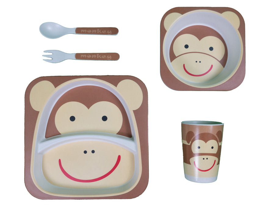 Bamboe kinderservies set 5 delig – Kinderbord – Magnetron bestendig - Eetset – Baby drinkbeker - BPA vrij – Aap